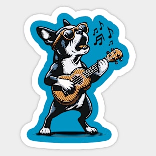 Dog Playing Guitar Singing Boston Terrier Funny Sticker